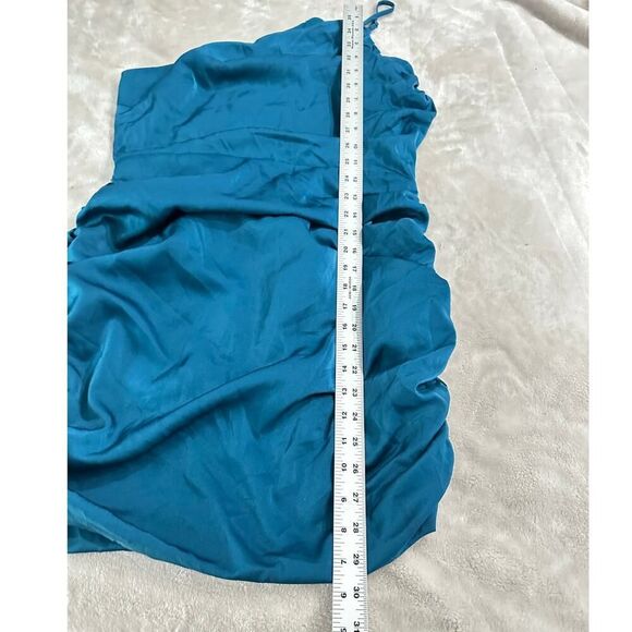 Lulus Mini Dress Women's L Teal Blue Satin One Shoulder Ruched Sleeveless New - Picture 10 of 12